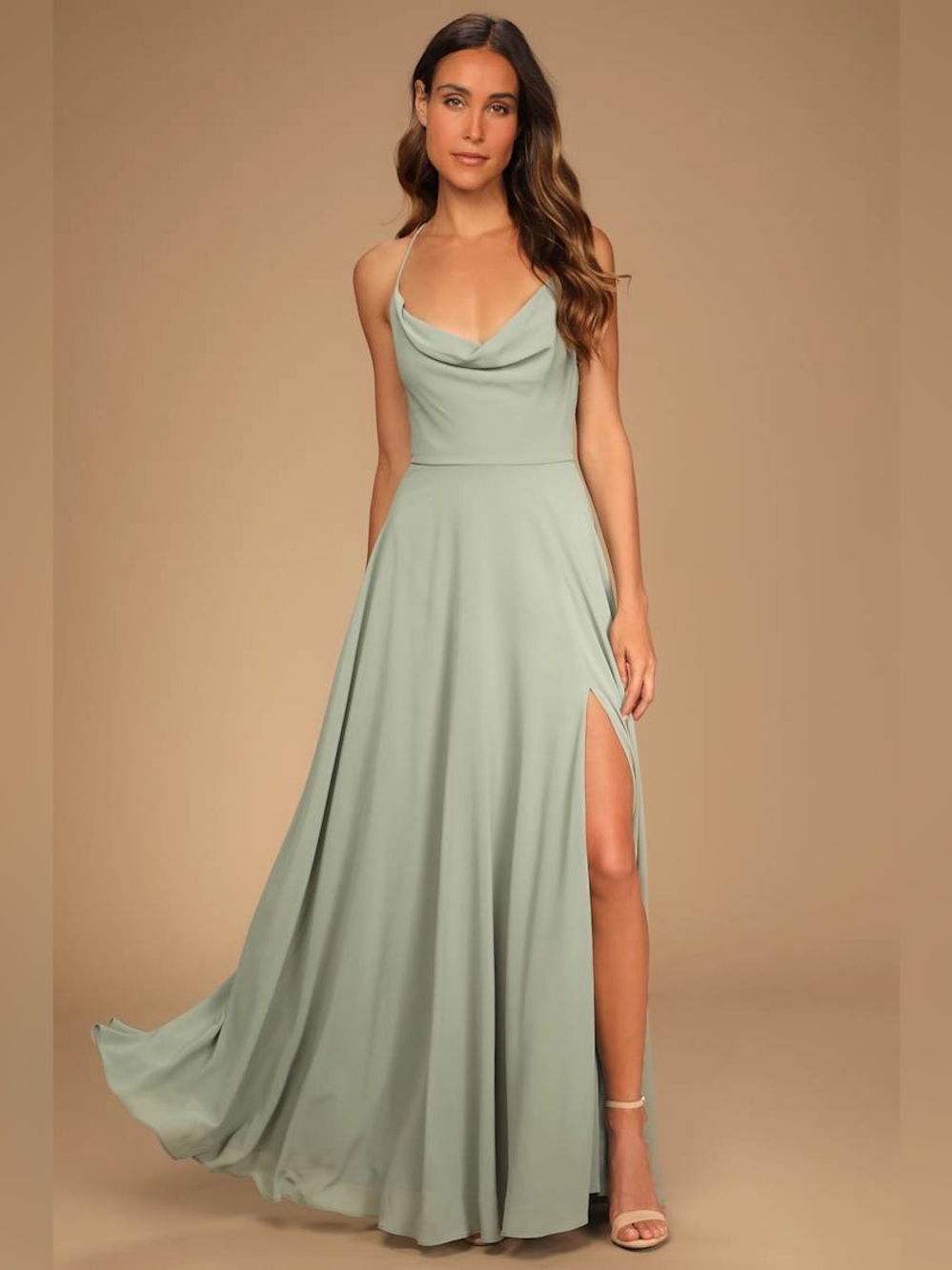 NWT Lulus Romantically Speaking Sage Green Cowl Lace-Up Maxi Dress Size XS